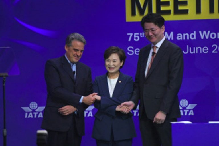 韓国の金ヒョンメ運輸大臣（中央）のポーズ