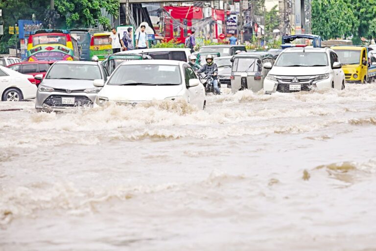 ダンモンディ27地区の水浸しの道路を走る車