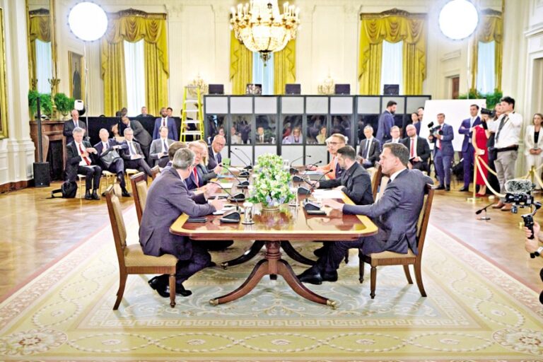 ウクライナのウォロディミル・ゼレンスキー大統領（CR）とNATO事務総長の会談中
