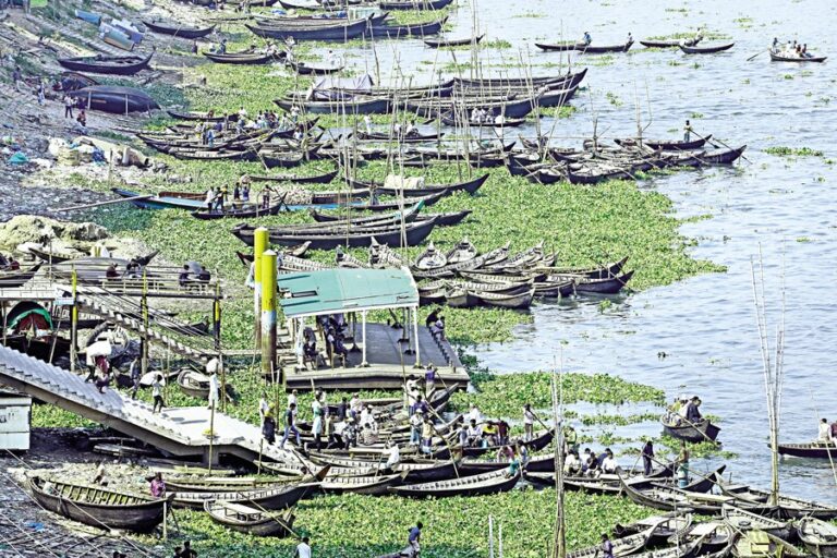 ブリガンガ川の岸沿いに船が停泊している