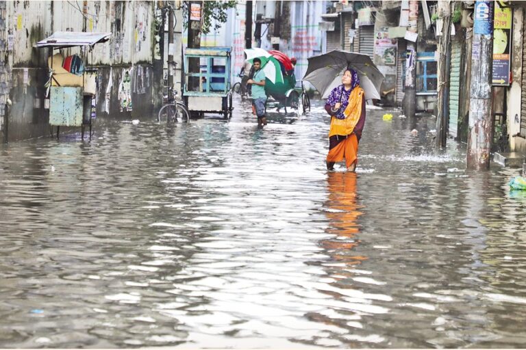 フサイニ・ダラン地区の水浸しの道路を渡る女性