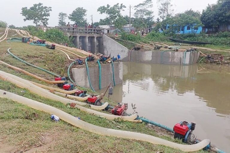 農民たちは浸水した湿地帯の水を排水するために浅いポンプを設置した。