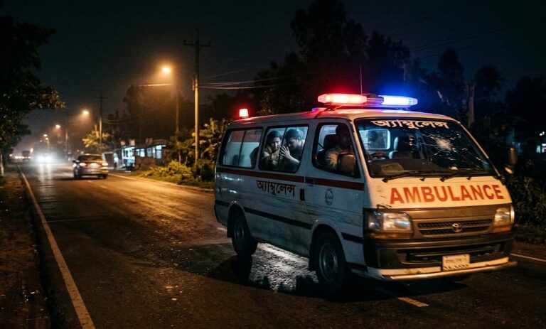 銃撃を受けた患者をダッカへ搬送中の救急車が、クルナで再び銃撃を受ける。